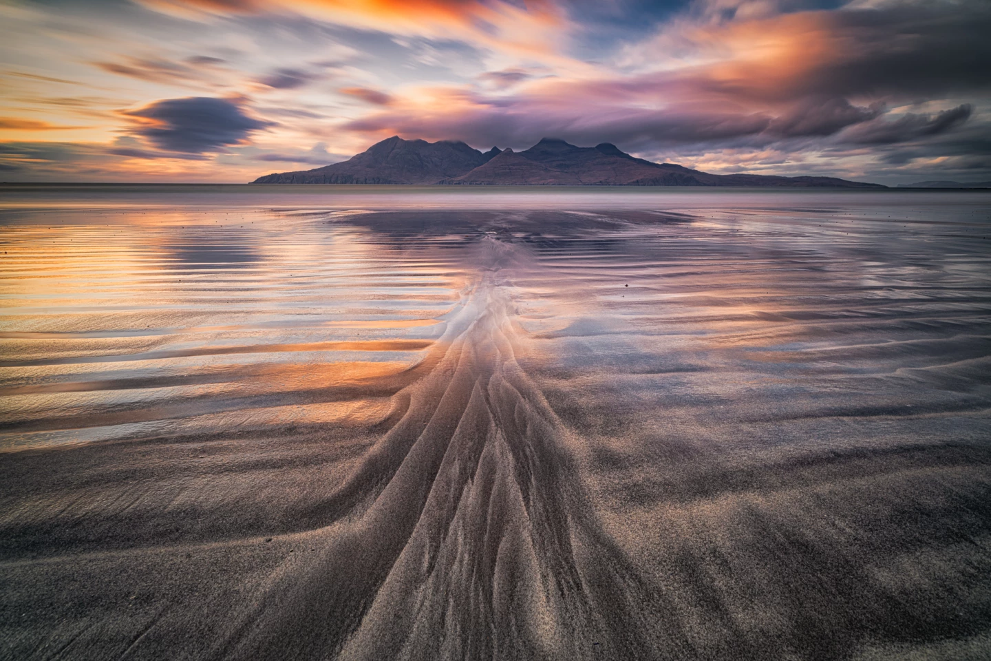 Colors and clouds move over the mountains of Rum island in Scotland
