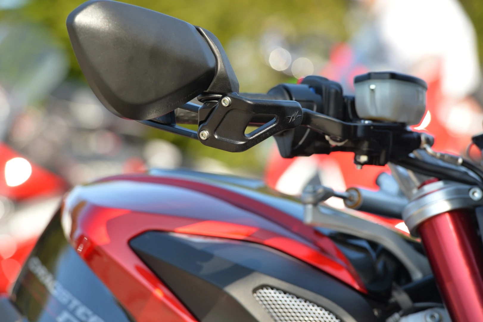 MV Agusta Dragster 800 RR: fold out bar-end mirrors offer excellent visibility, but make the bars annoyingly wide in traffic