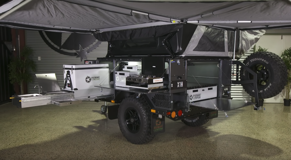 Patriot X1H camper trailer expands into an offgrid shelter at the