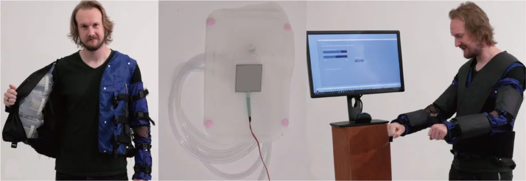 The Force Jacket works by inflating and deflating 26 bags, at different speeds and to different degrees, to simulate various feel effects