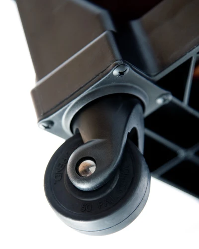One of the four 360-degree swivel-glide wheels that allow the luggage to glide instead of being dragged