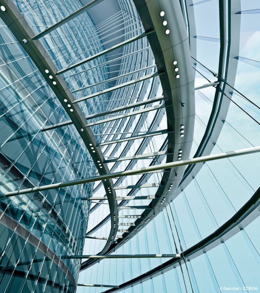 Its double-layered glass skin improves insulation and allows plenty of natural light to permeate inside