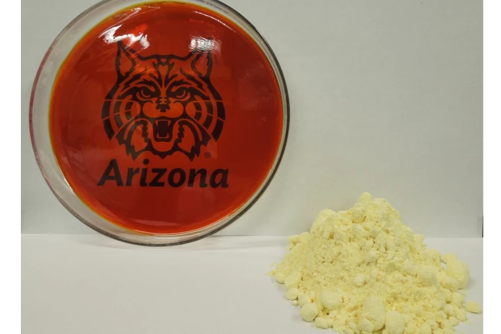 A petri dish of the sulfur-based polymer next to a (very small) stockpile of sulfur powder (Photo: Jared Griebel/ Pyun lab, University of Arizona department of chemistry and biochemistry)