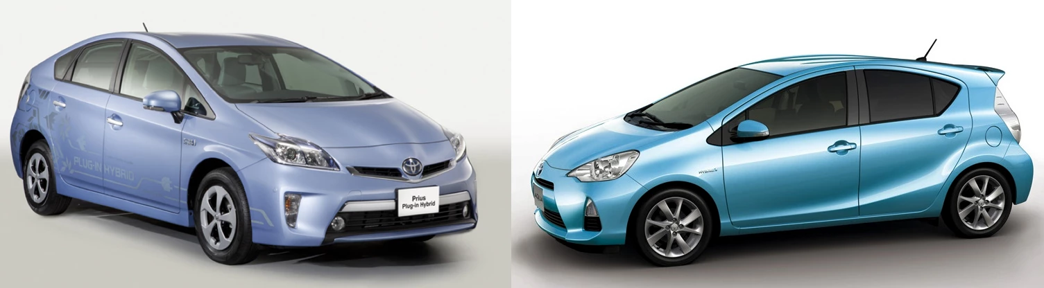 The two plug-in electric hybrids to be shown in Tokyo - the Prius at left, and the Aqua at right.