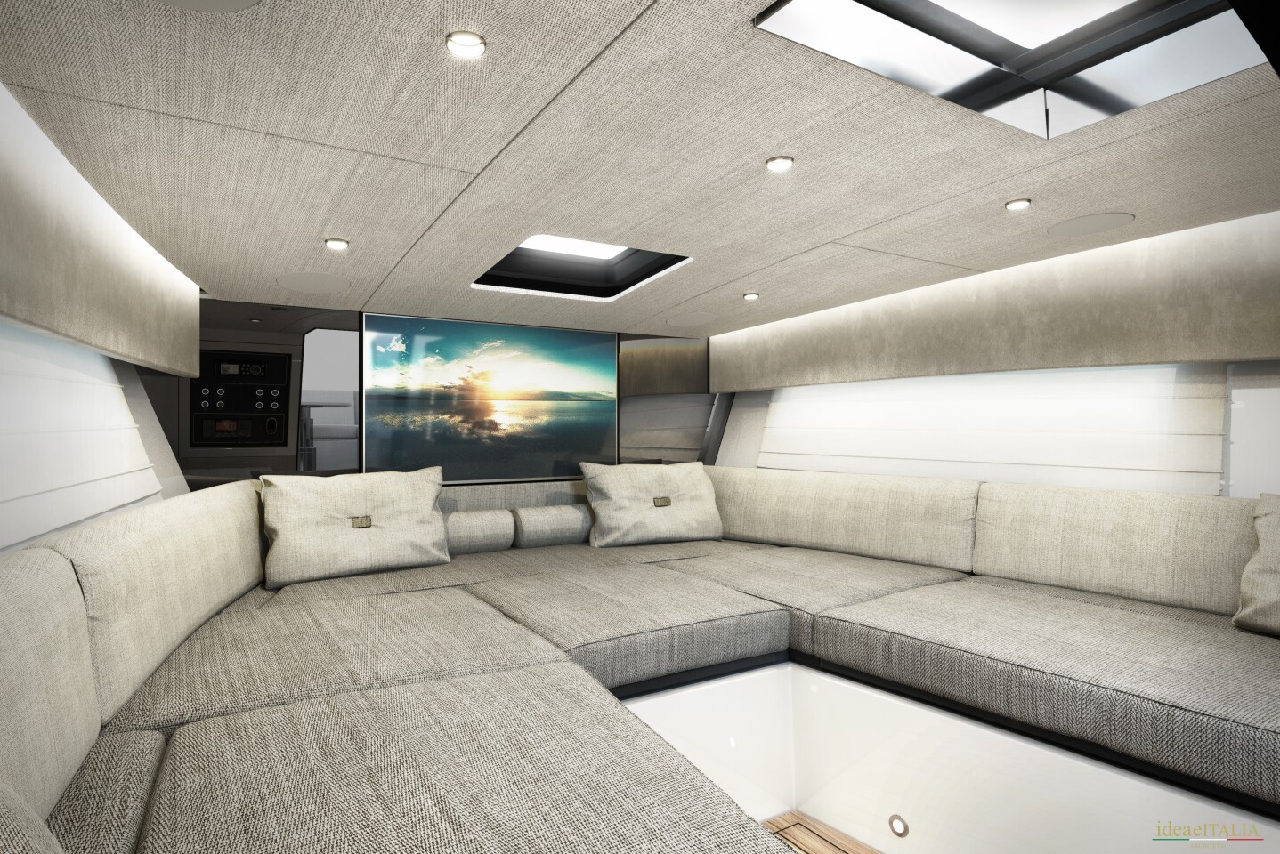 The NY24 includes a large U-shaped couch and audio/video system