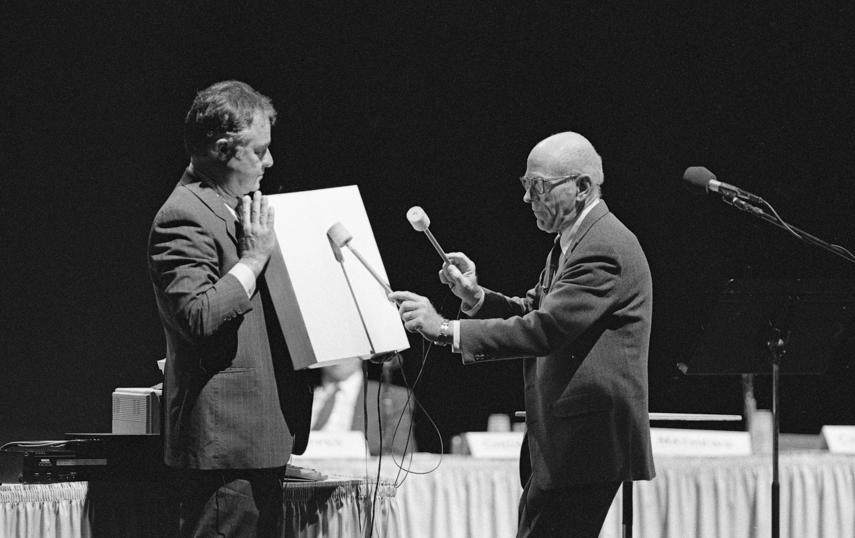 Max Mathews demonstrating an electric drum-computer with John Chowning, founder for the Center for Computer Research in Music and Acoustics (CCRMA)Credit: Chuck Painter via The Stanford University News Service