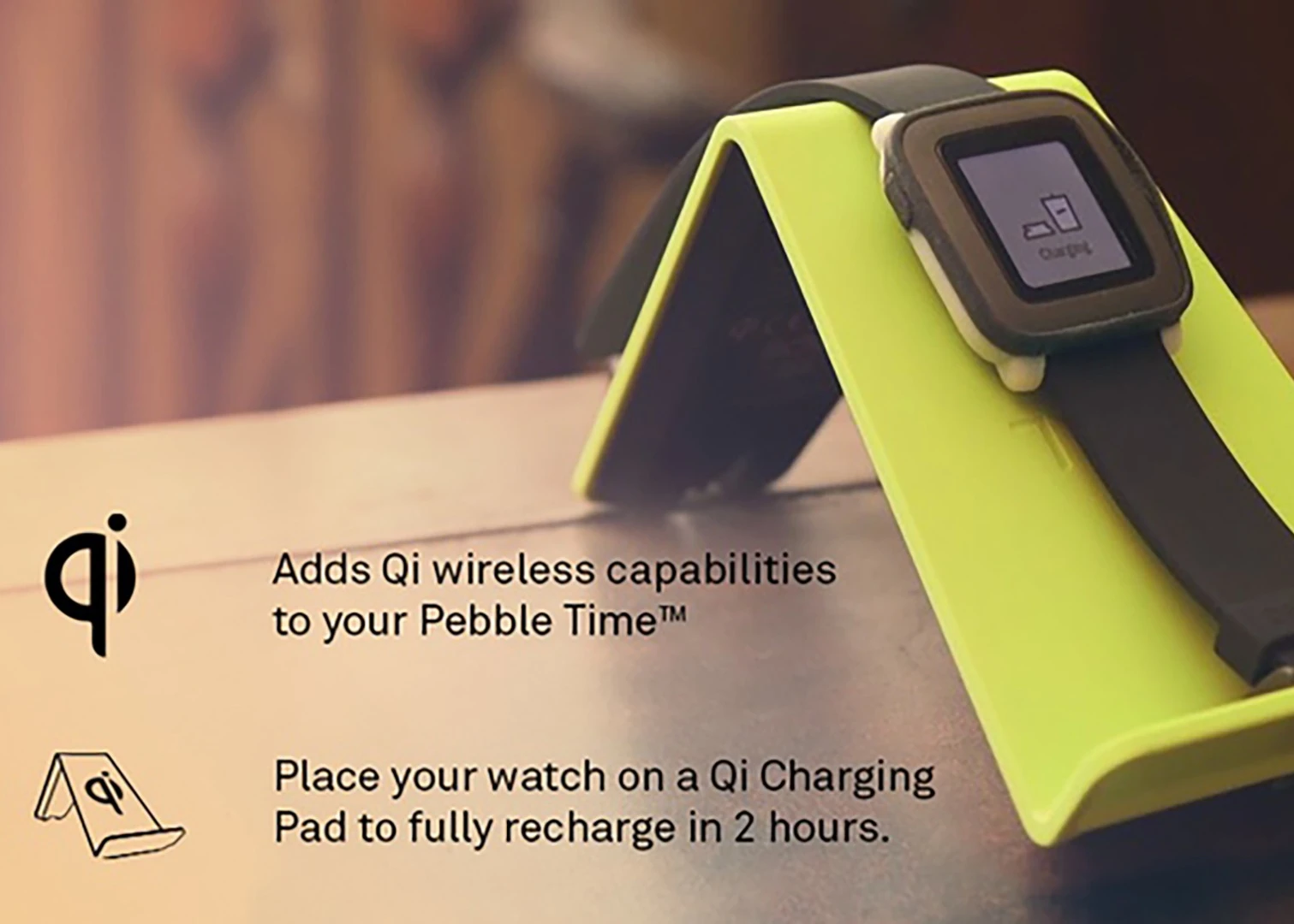 The clip-on case makes the Pebble work with Qi charging docks