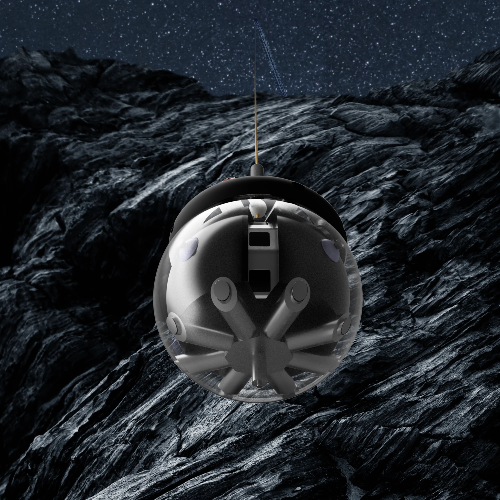 Artist's concept of DAEDALUS, a spherical robot designed to explore caves on the Moon