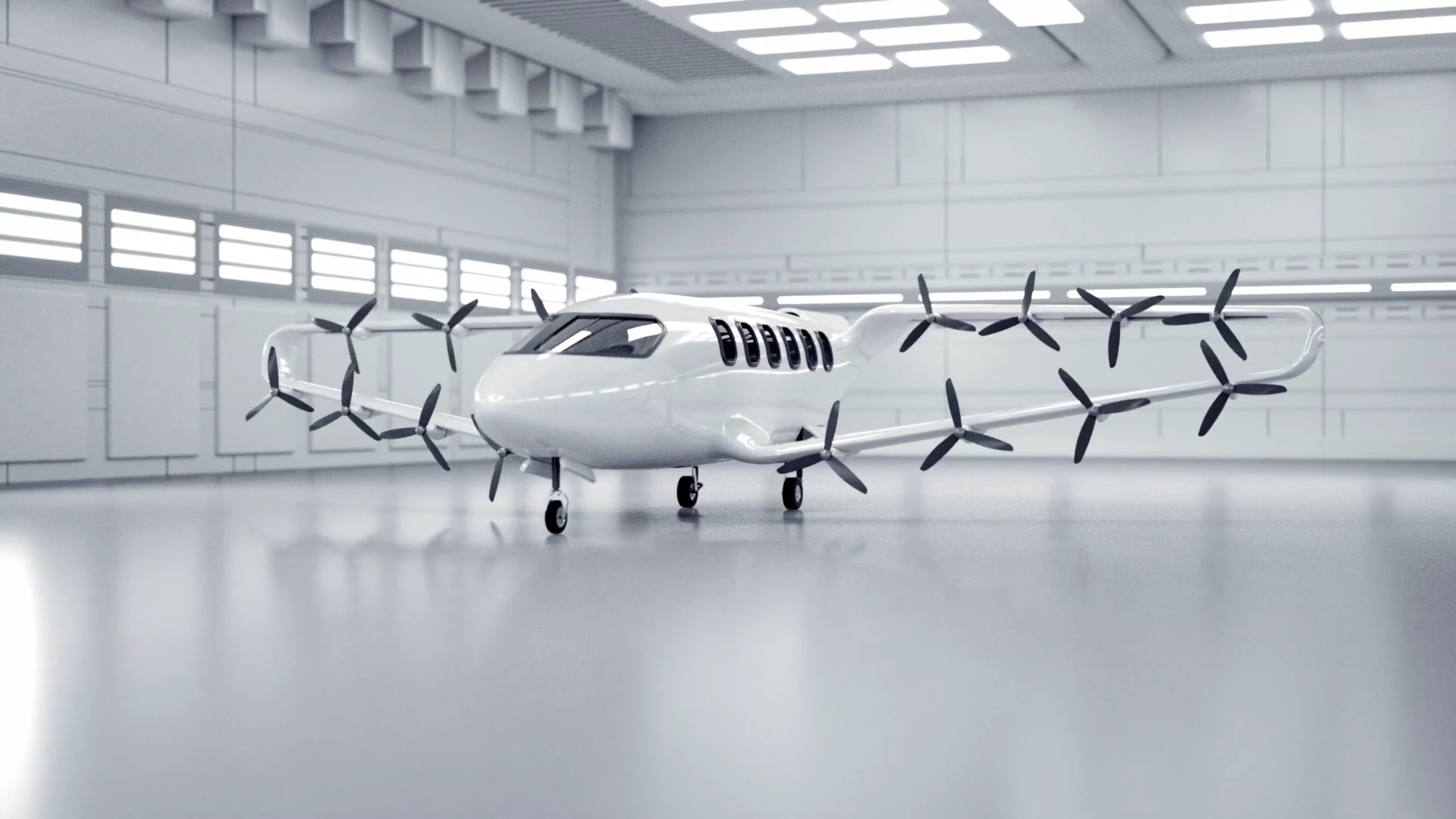 Fixed props along the lower and upper wings save weight and complexity over tilting propulsion systems