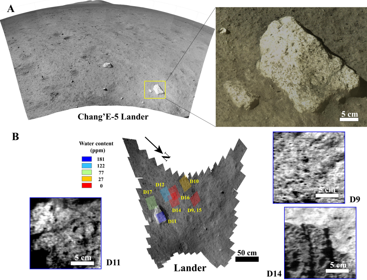 Context images and water content at the Chang'E-5 landing site