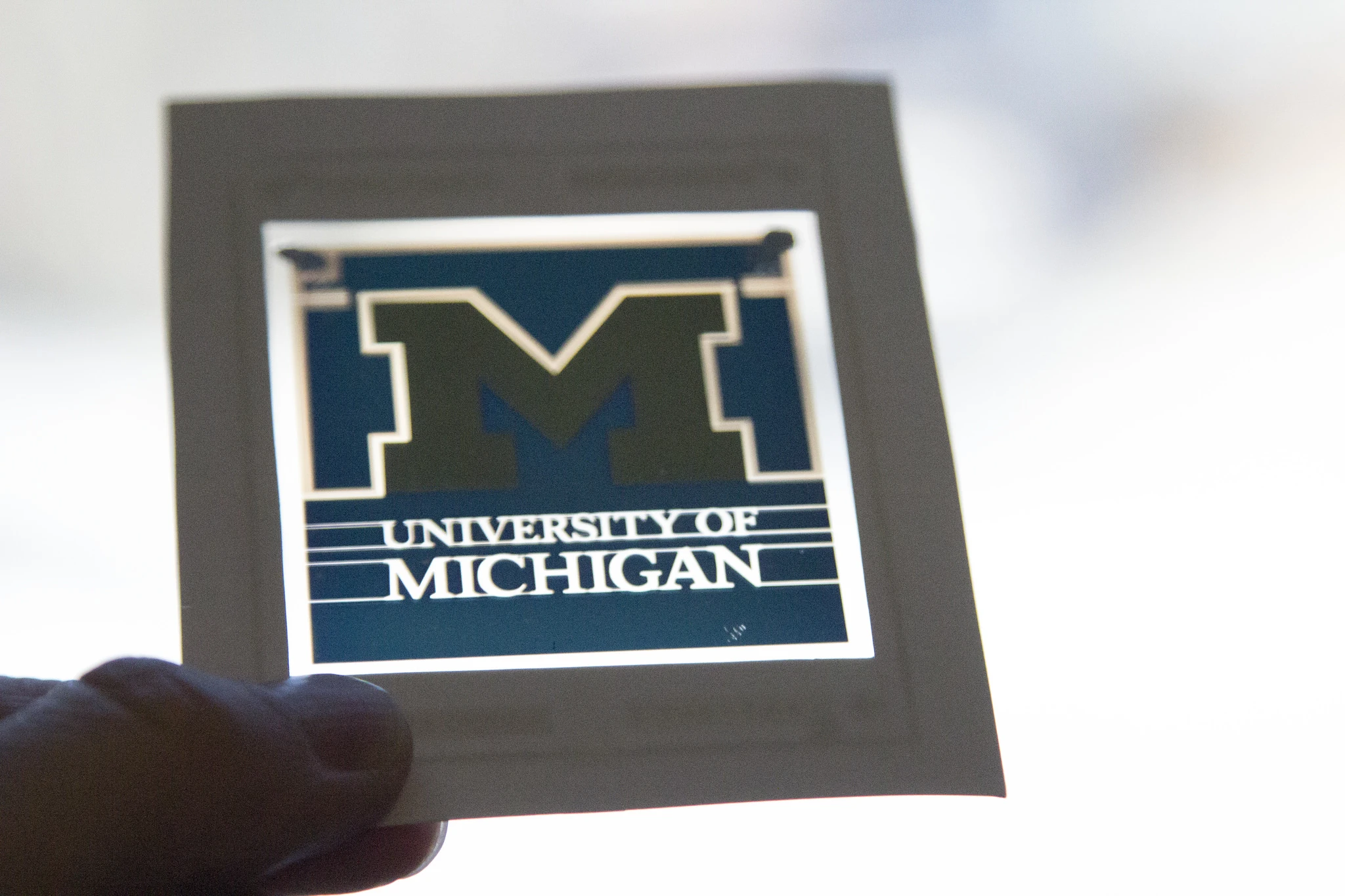 A colored solar cell that also is reflective, rather than transparent (Photo: Joseph Xu, Michigan Engineering Communications & Marketing)