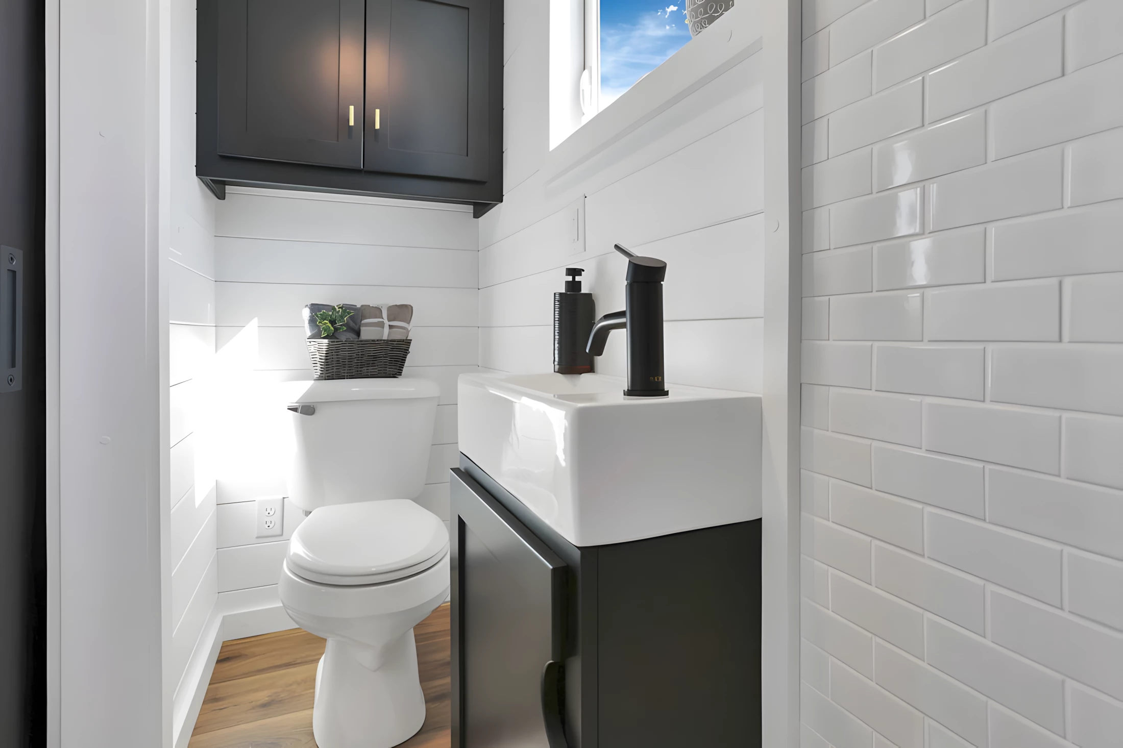 The Shadow's bathroom includes a shower, a small sink, and a flushing toilet