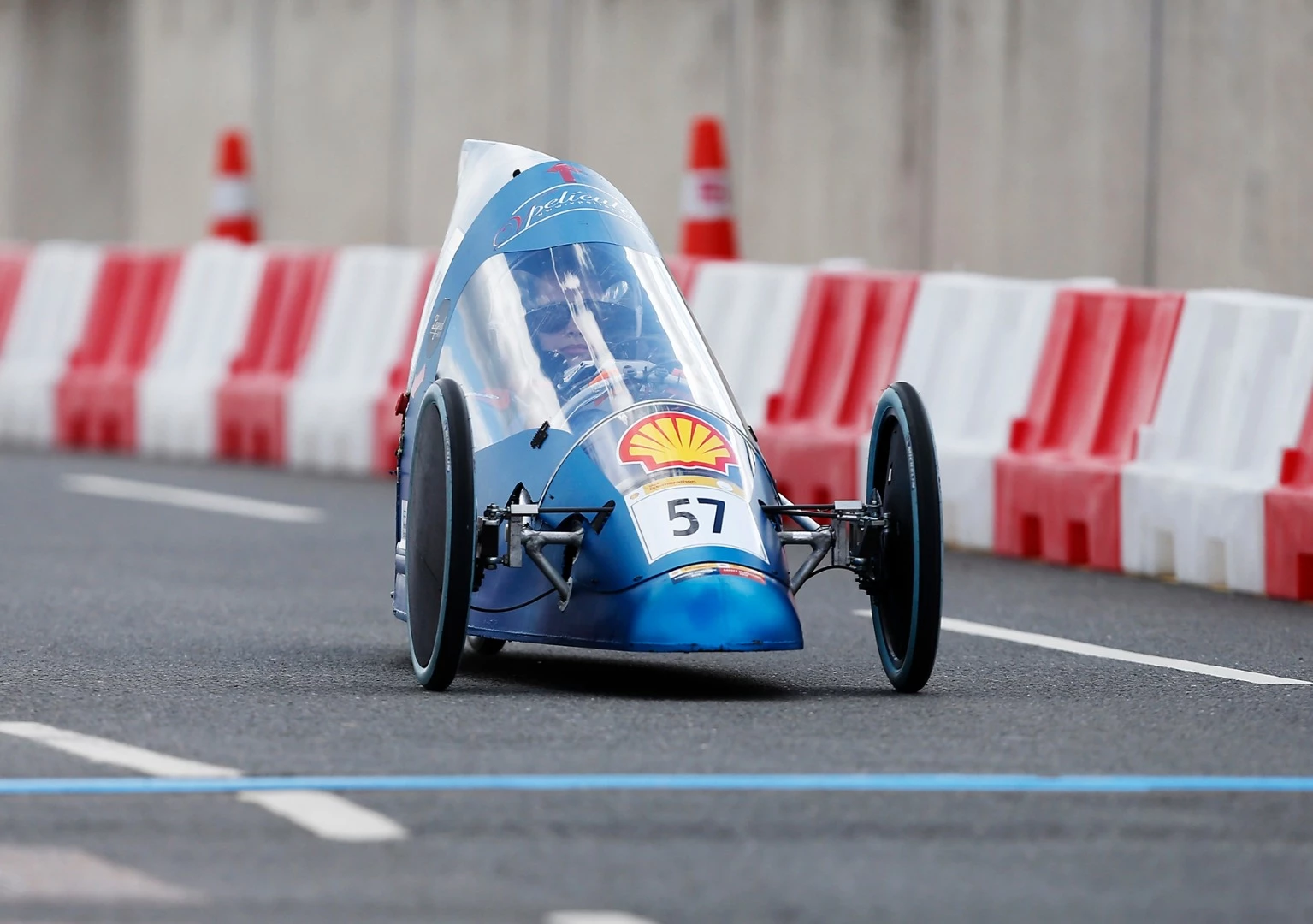The Eco EST mk1, a gasoline prototype racing for team Shell Eco EST from Instituto Politecnico De Setubal, Setúbal, Portugal on the track during day five of Make the Future London 2016