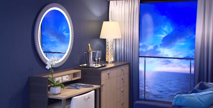 Interior rooms without a view of the ocean are fitted with LED screen "virtual balconies" that stream video and audio feeds from outside the ship