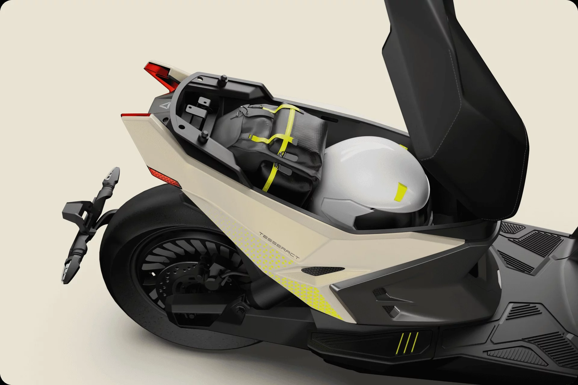 The 34-liter underseat storage space on the Tessarect should be sufficient for storing a full-face helmet