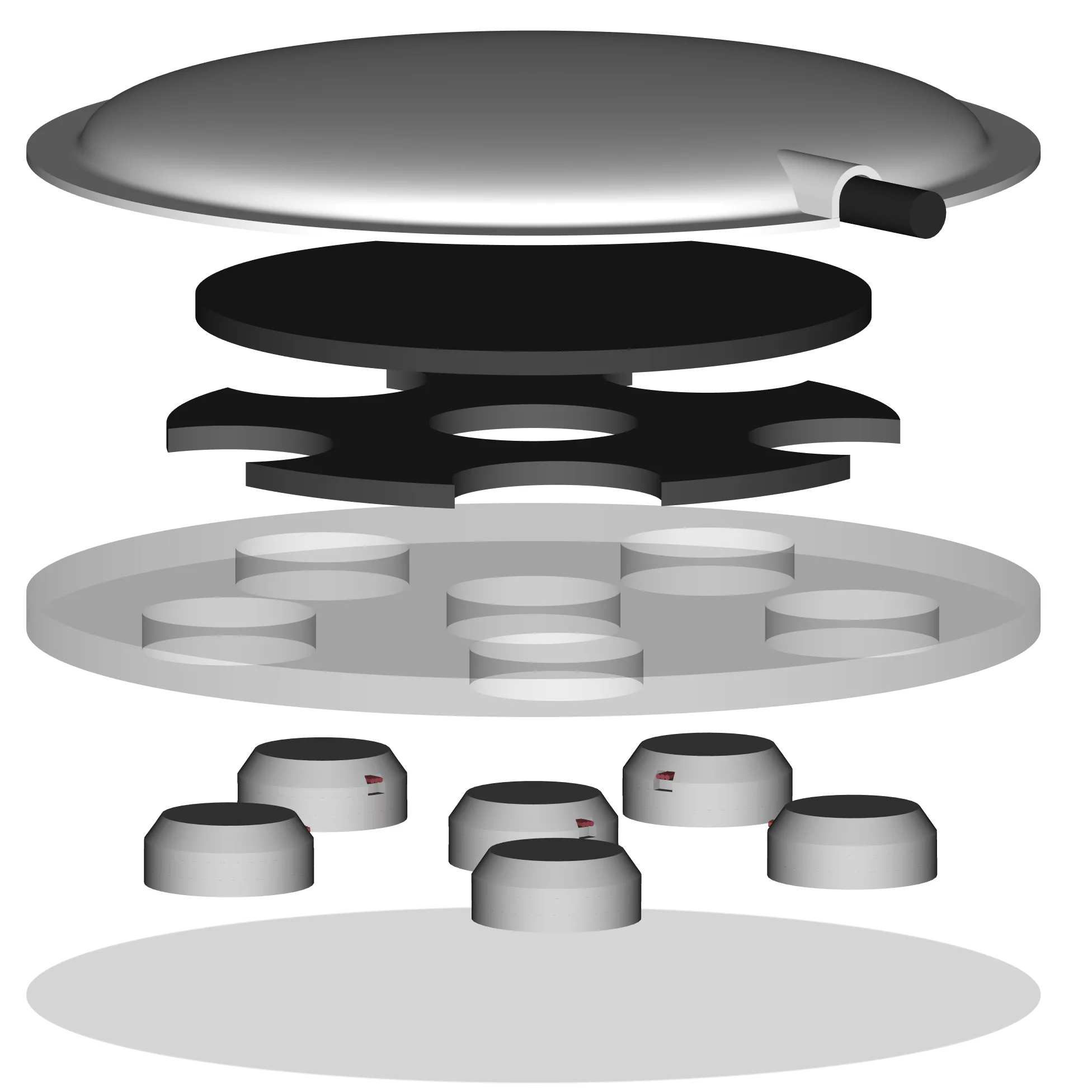 An exploded view of the stethoscope, with the six piezoelectric sensors visible in a pentagon pattern at the bottom