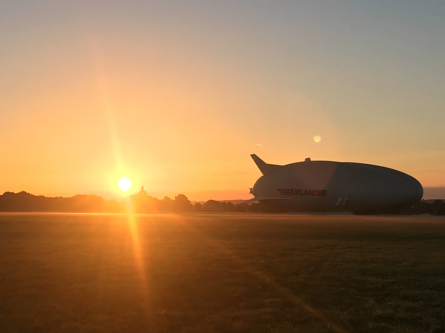 The Airlander 10 greets the morning after being rolled out of the hangar for the first time