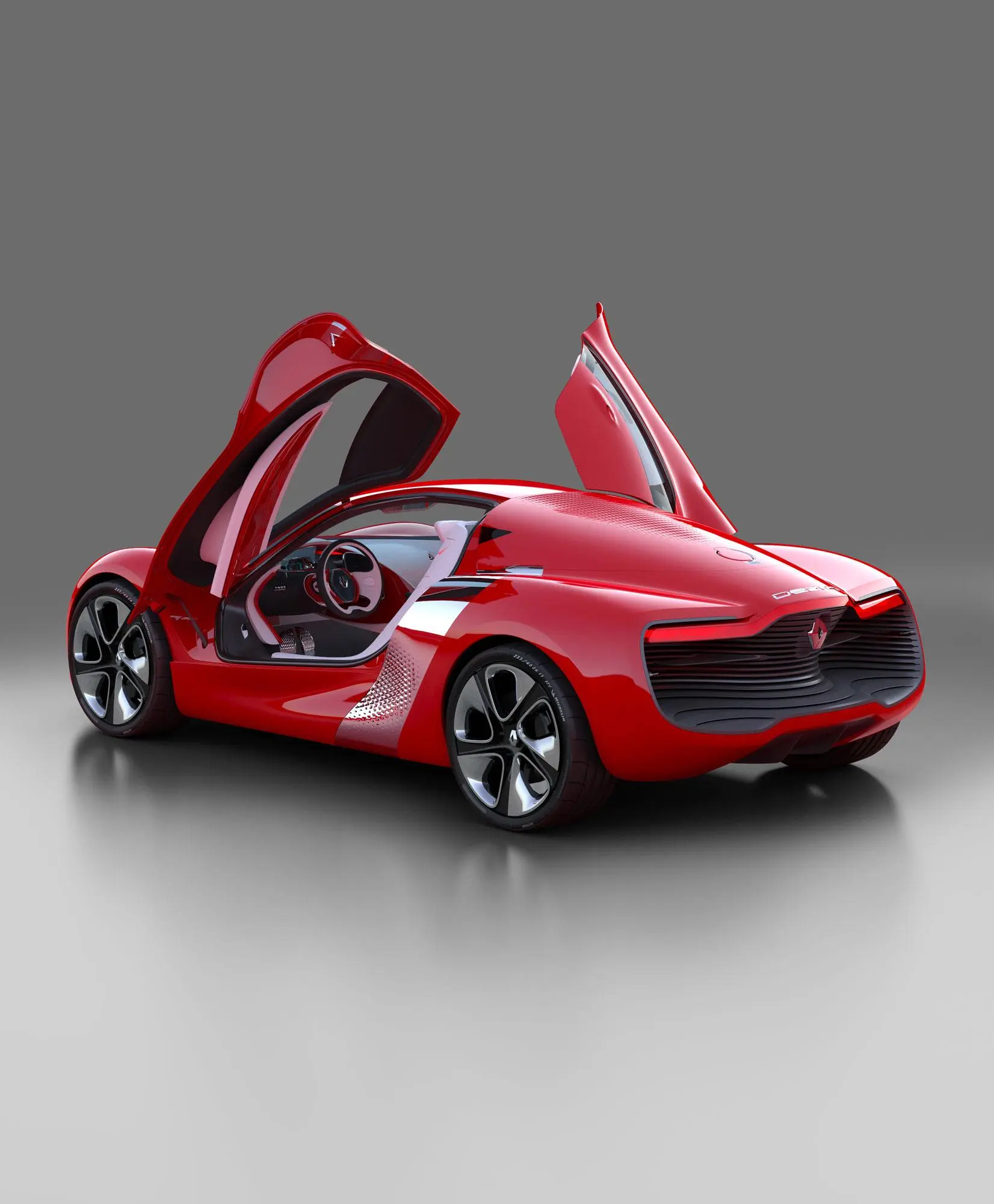 The Renault DeZir concept electric vehicle features gull-wing doors that open in opposite directions