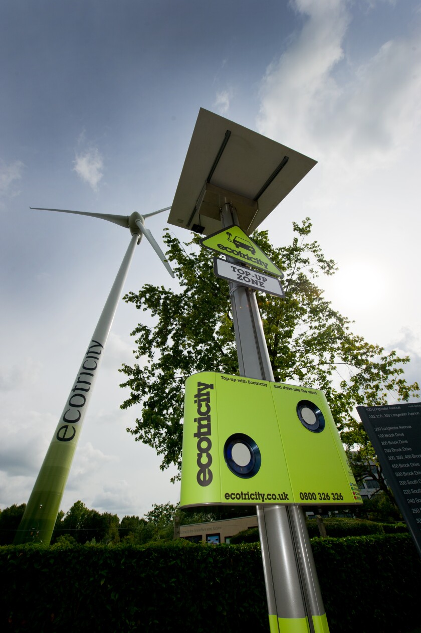 The double-socket EV charging post installed at the Green Park business park in Reading gets its power directly from Ecotricity's wind turbine