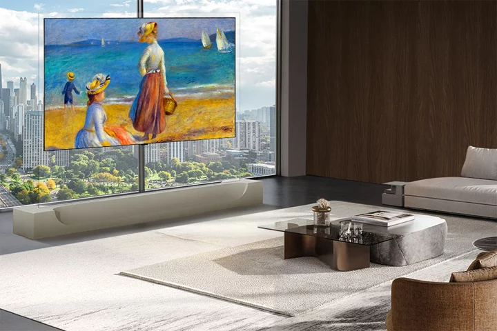 LG's new Wallpaper OLED appears to be totally wireless once it's mounted flush against a wall and paired with its Zero Connect Box