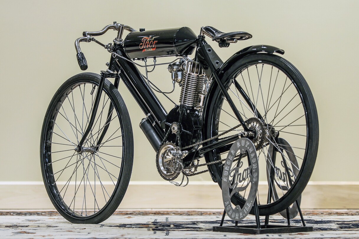 A fully restored 1906 Thor board track racer expected to sell for between $30,000 and $50,000, ultimately fetching $33,000. Official Auction Description