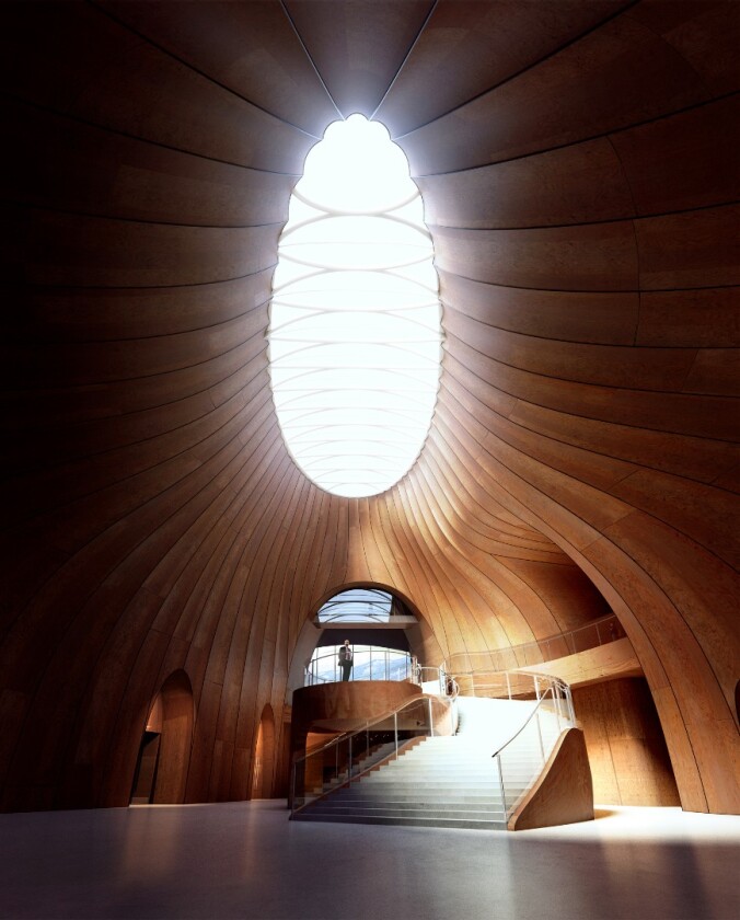 A skylight lights up the interior of the Yabuli Conference Centre by Mad Architects