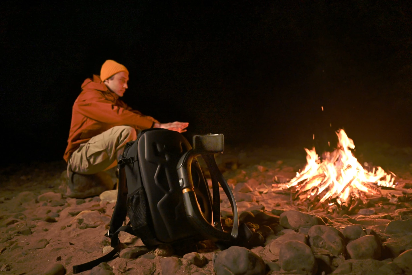 The Hypershell exoskeleton folds up and packs in or on a backpack