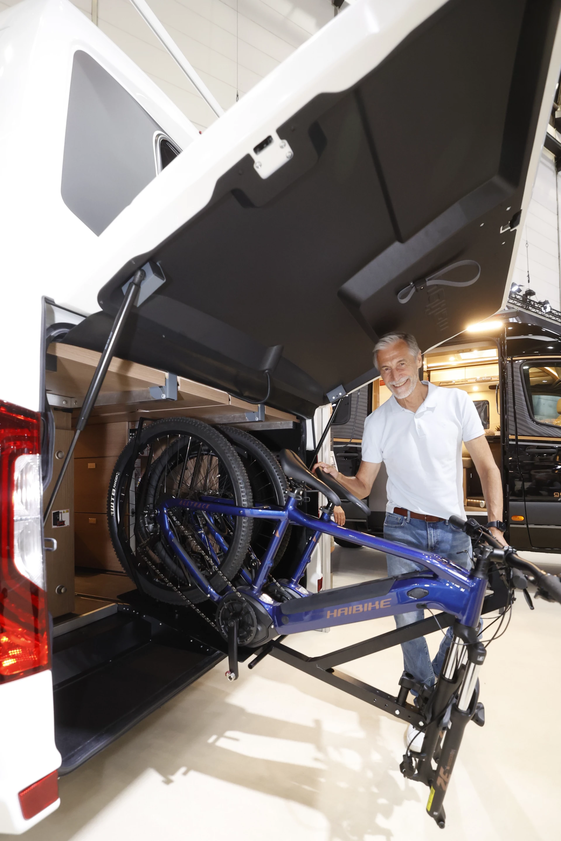 Malibu offers several carrier solutions, including this slide-and-drop interior ebike rack