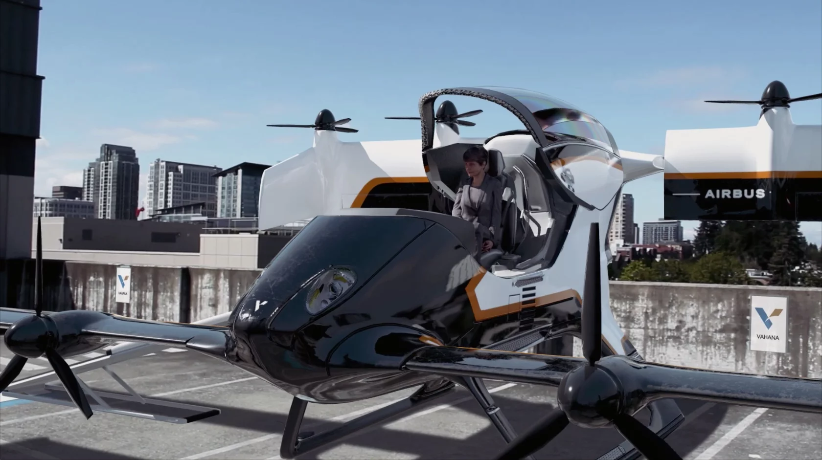 The electric VTOL single seat Vahana was developed by Airbus A3 and is envisaged as an autonomous air taxi and cargo delivery vehicle.
