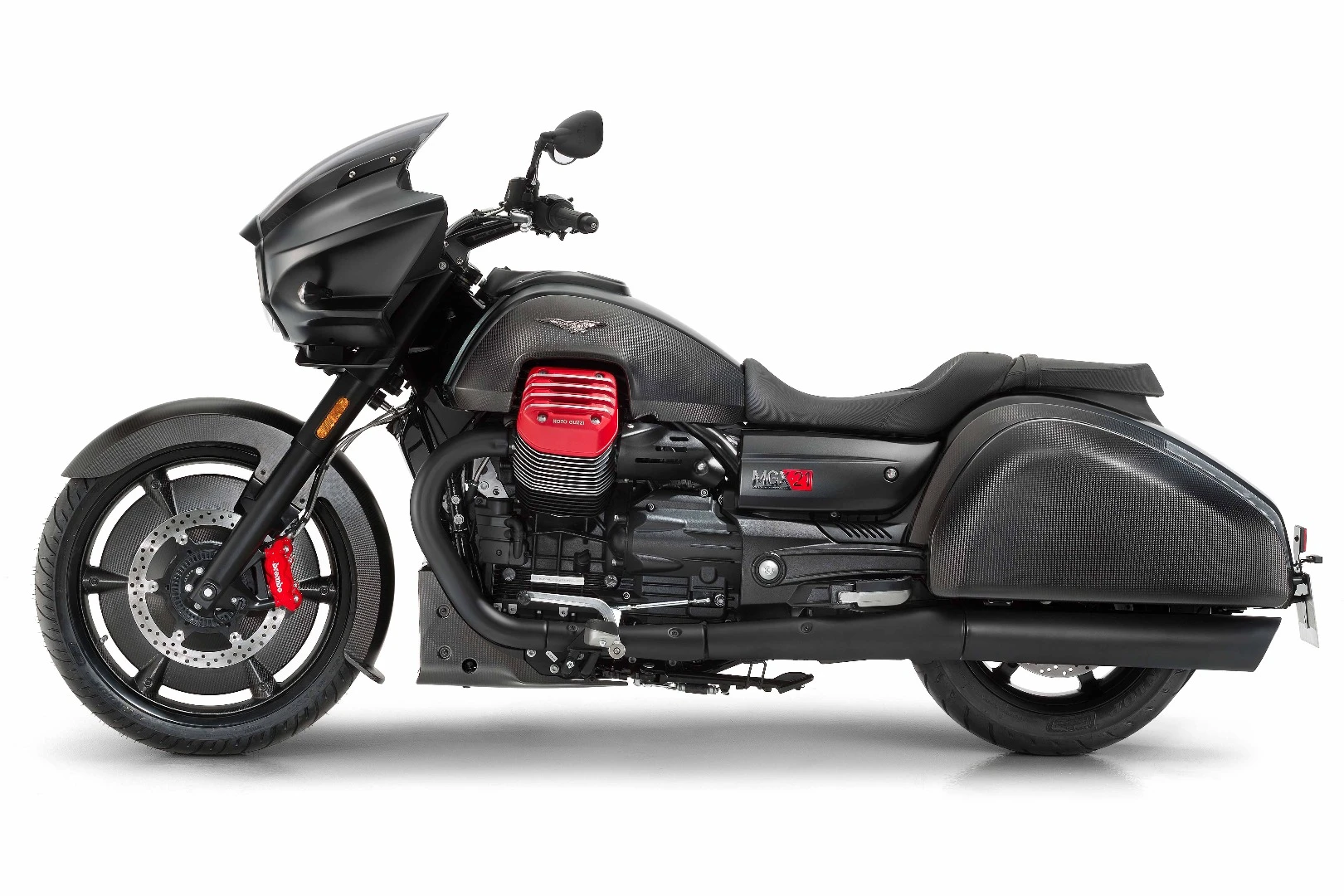 Viewed from the side, the red cylinder covers and Brembo brake pistons make this stand out from the typical blacked out cruiser