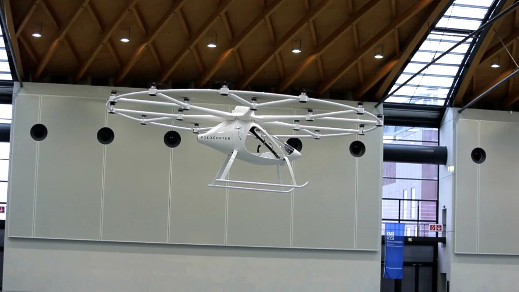 The Volocopter during its maiden flight in the dm-arena in Germany