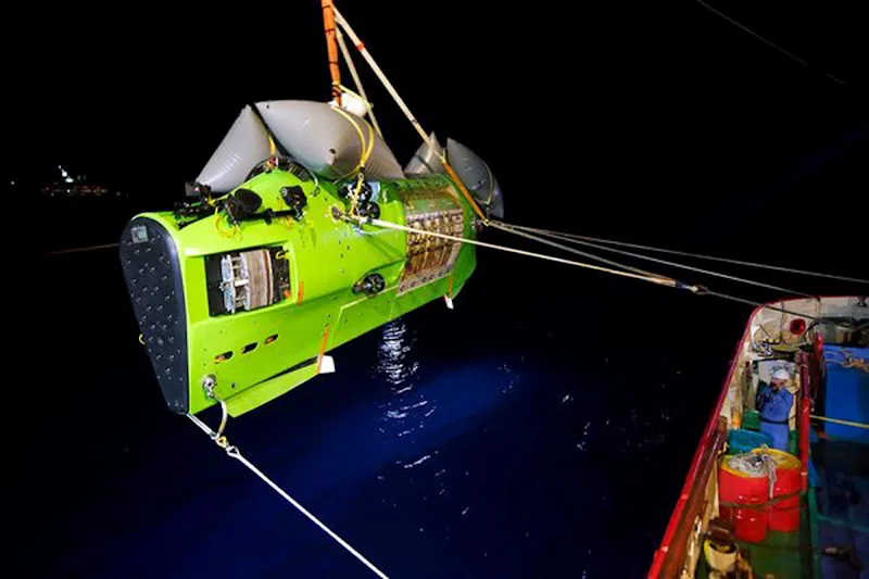 The Deepsea Challenger just prior to launch on its record-setting dive(Photo: National Geographic)