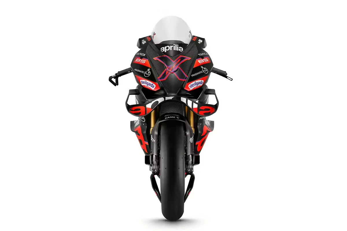 The massive front wing is just one of many aerodynamic features on the imposing RSV4 X-GP