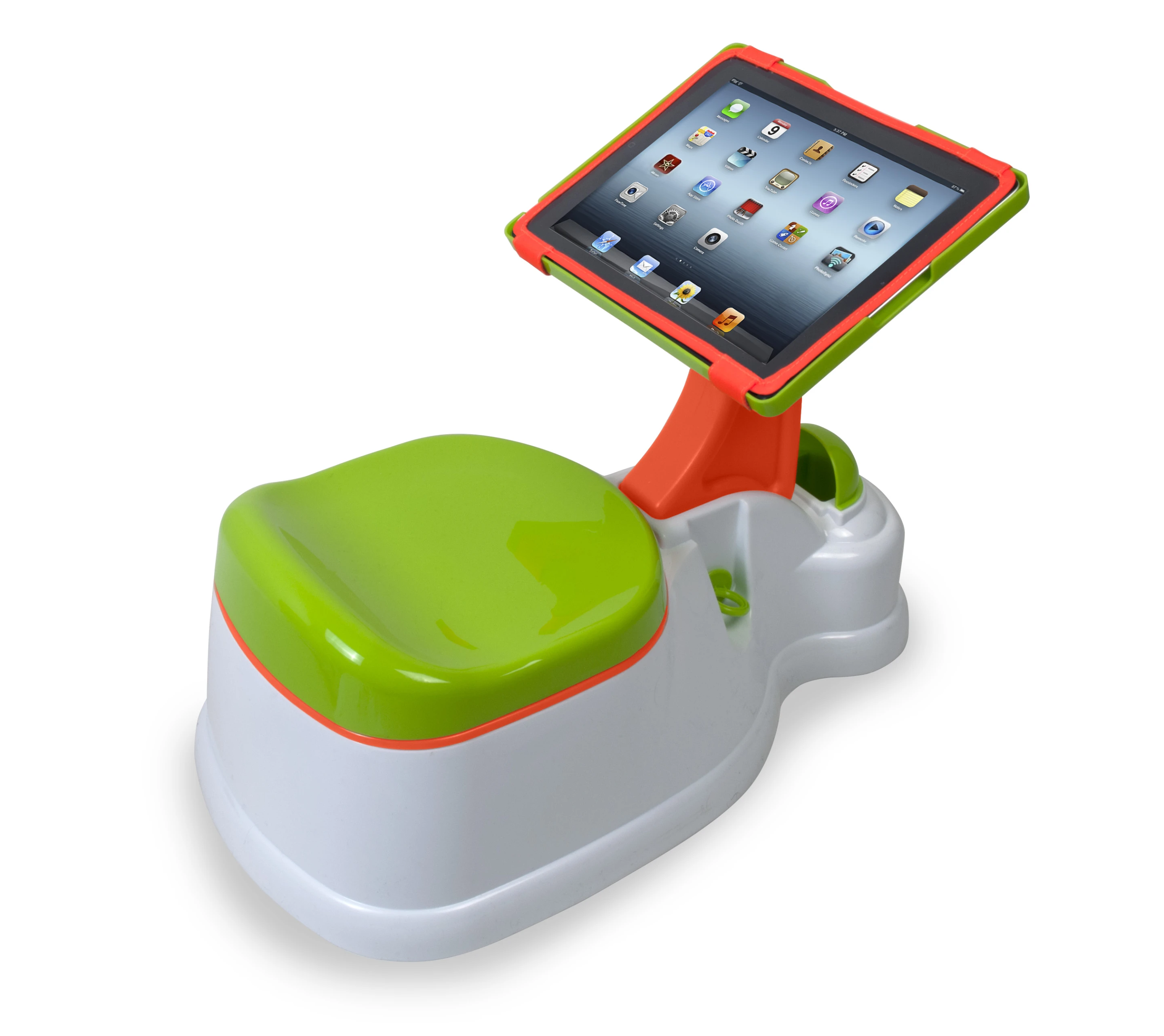 The stand of the iPotty can be rotated between vertical and horizontal views