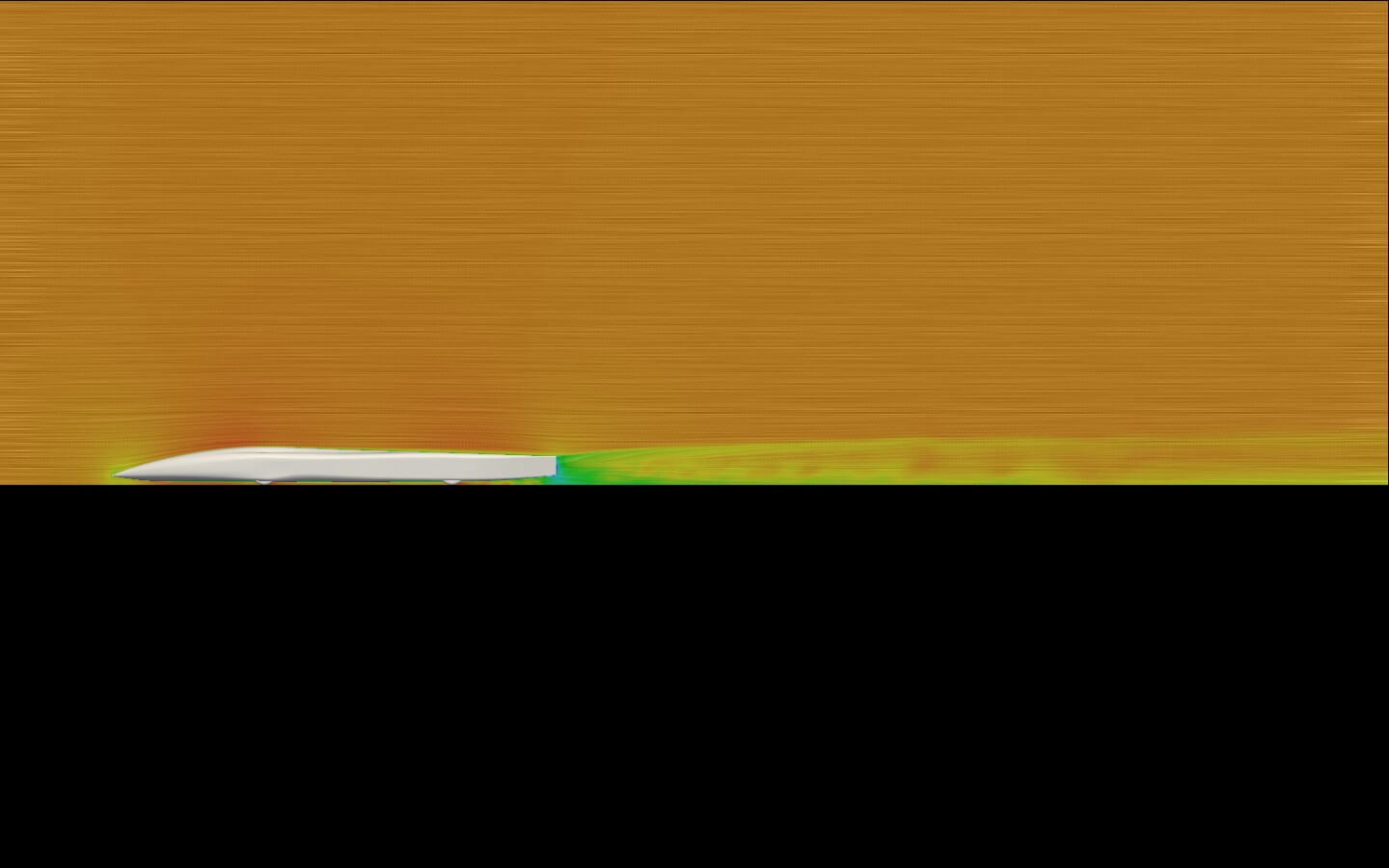 A side view of a Buckeye Bullet simulation conducted at the Ohio Supercomputer Center illustrates the wake that follows the land speed racer as it accelerates to more than 300 mph