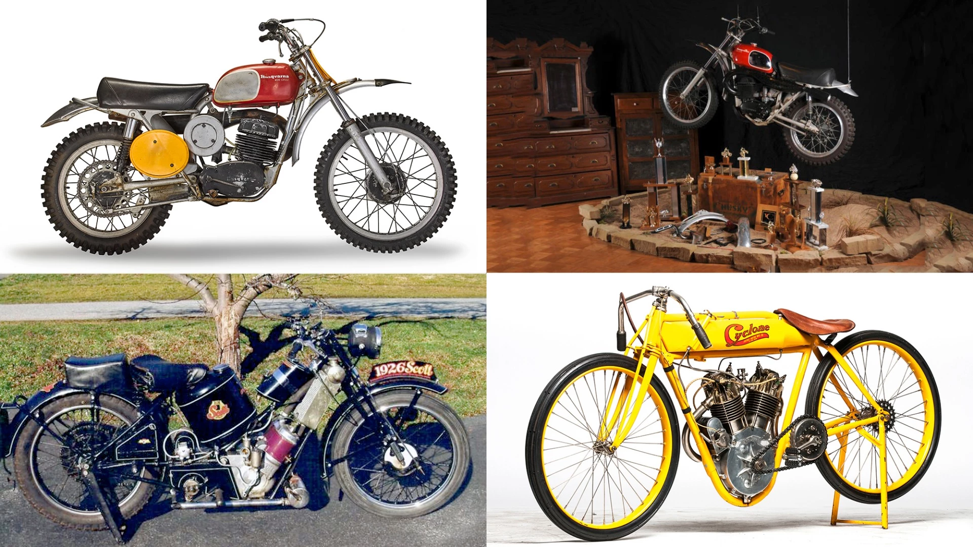 Top left: Steve McQueen's 1970 Husqvarna 400 Cross appeared on the front of Sports Illustrated in 1970, and was the bike he rode during the 1970 movie, "On Any Sunday”. The bike will be auctioned at Bonhams Barber Motorsports Museum auction in Birmingham, Alabama on October 6 (2018). Top right: Another ex-McQueen Husqvarna 400 Cross built in 1971 sold for $144,500 during Monterey Car Week in 2011. Bottom Left: Another ex-McQueen bike, a 1929 (incorrectly stated on the number plate) Scott Flying Squirrel 600cc restored by Von Dutch sold for $276,000 in 2009. Bottom Right: The ex-McQueen 1915 Cyclone Board Track Racer was once the most valuable bike ever sold at auction, selling for $852,500 at Mecum's E.J. Cole auction held in March, 2015.