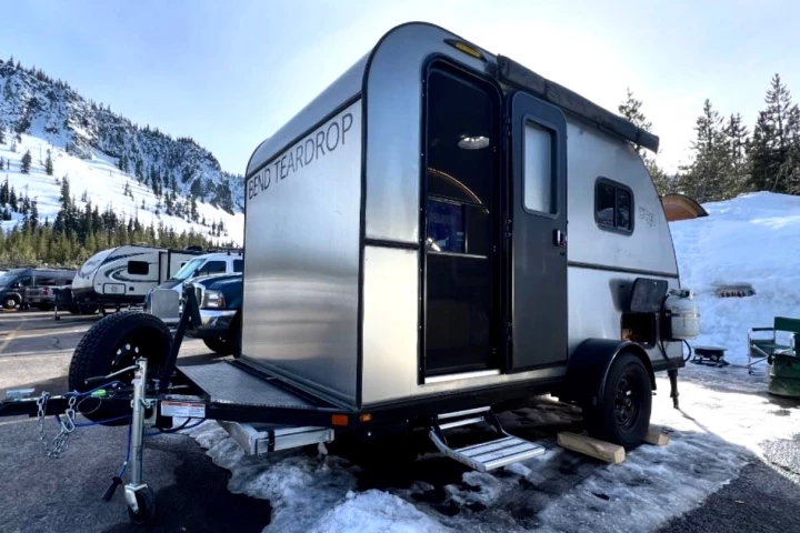 Enjoying some of the Pacific Northwest's renowned ski camping with the Bend Tall Boy teardrop camping trailer