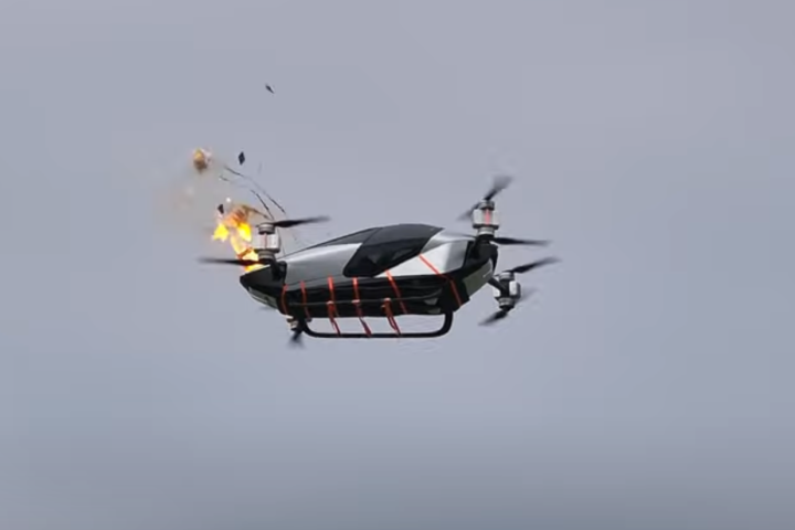 The X2 eVTOL aircraft fires its low-altitude ballistic parachute