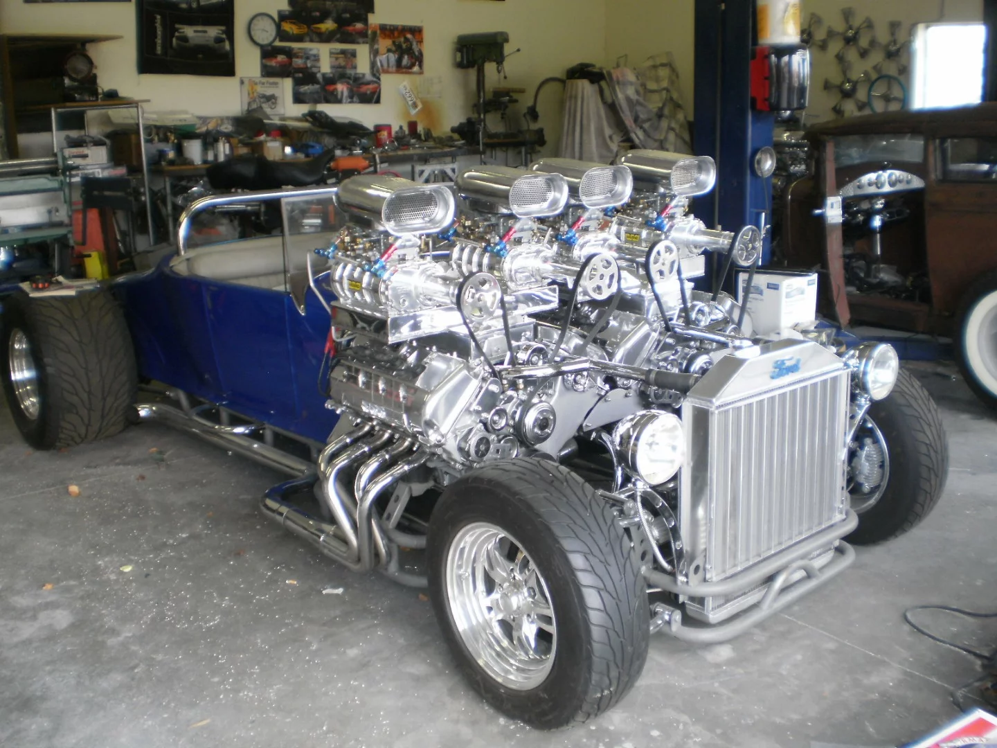 Gordon Tronson's Double Trouble: a 1927 Model T roadster fitted with massive twin side-by-side engines for a monstrous 1,000-plus horsepower