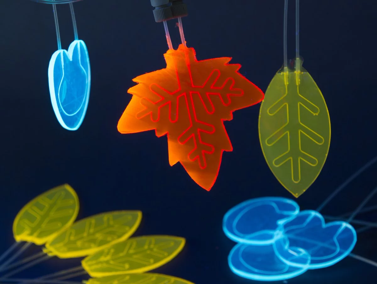 The team's artificial leaf designs, with the microfluidic channels visible inside