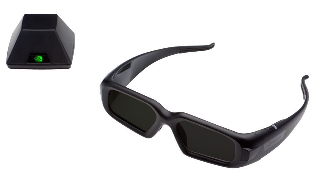 The RF transmitter hub and active shutter glasses of NVIDIA's 3D Vision Pro solution