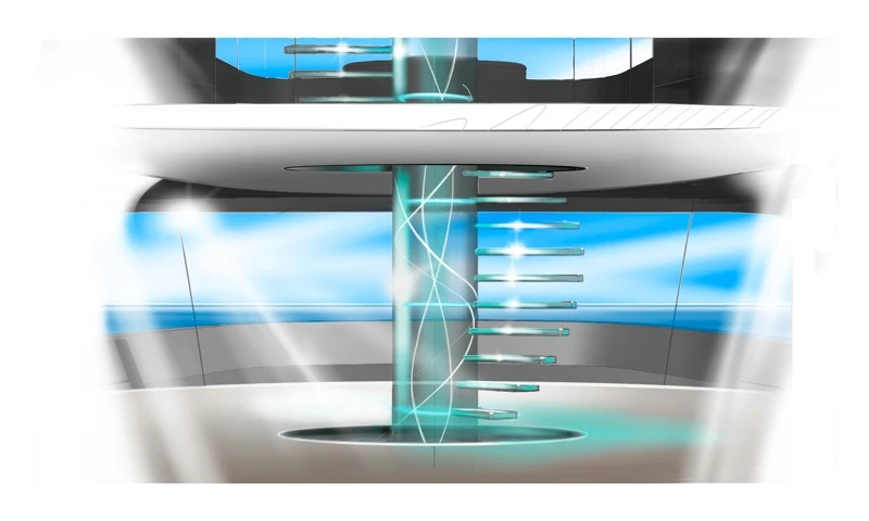 Qi's futuristic energy tower passes through each deck