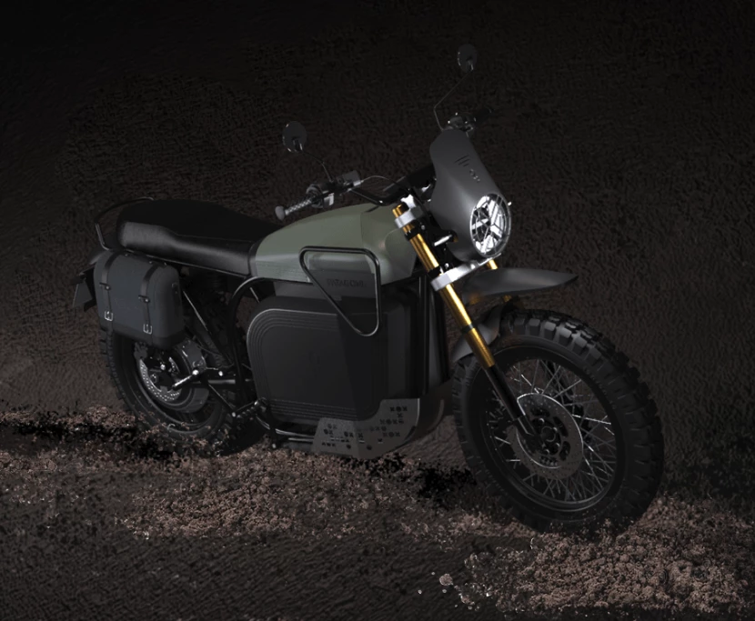Upgrades over the Ox One include crash bars, bash plate, small screen and small leather saddlebags, as well as longer-travel suspension, a bigger front wheel and chunky dual-sport tires