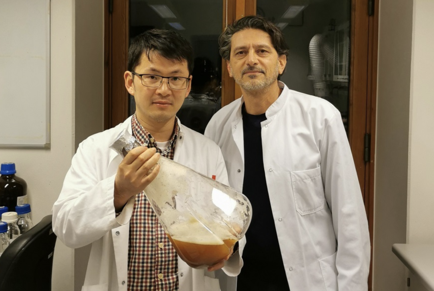 Yong Zhao and Sotirios Kampranis with celastrol produced in yeast cells