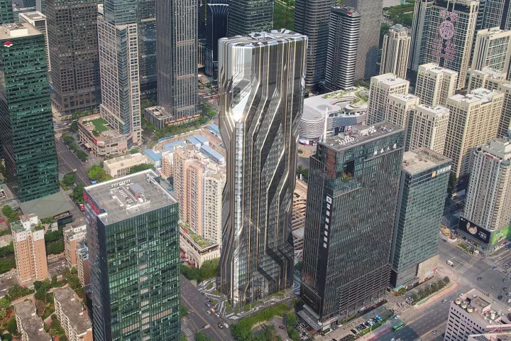 The Shenzhen Institute of Financial Technology's facade stands out even in the skyscraper-packed cityscape