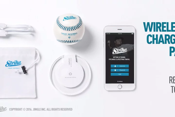 The Strike smart baseball, with its wireless charging pad and app