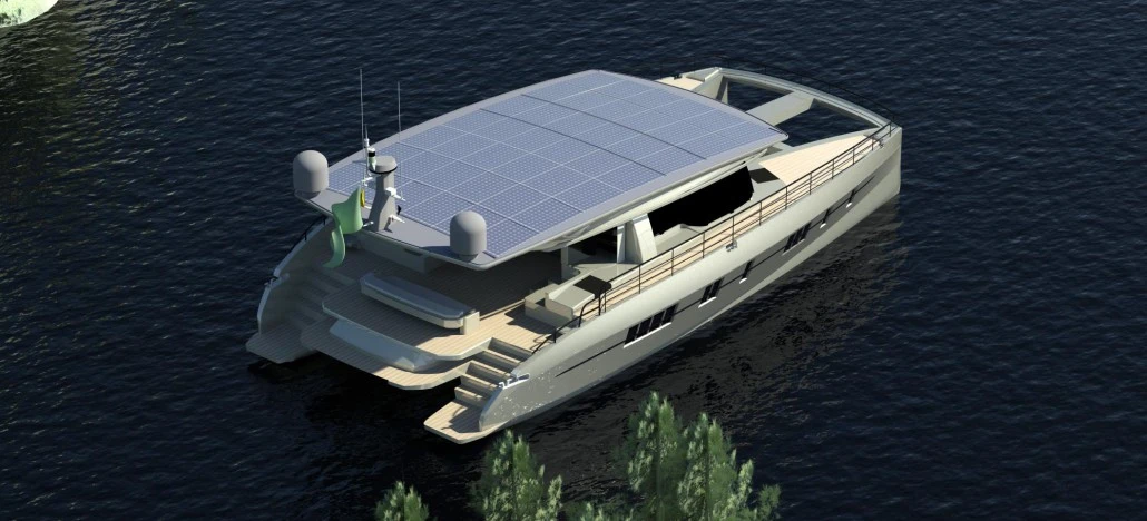The yacht's large roof is clad with photovoltaic panels