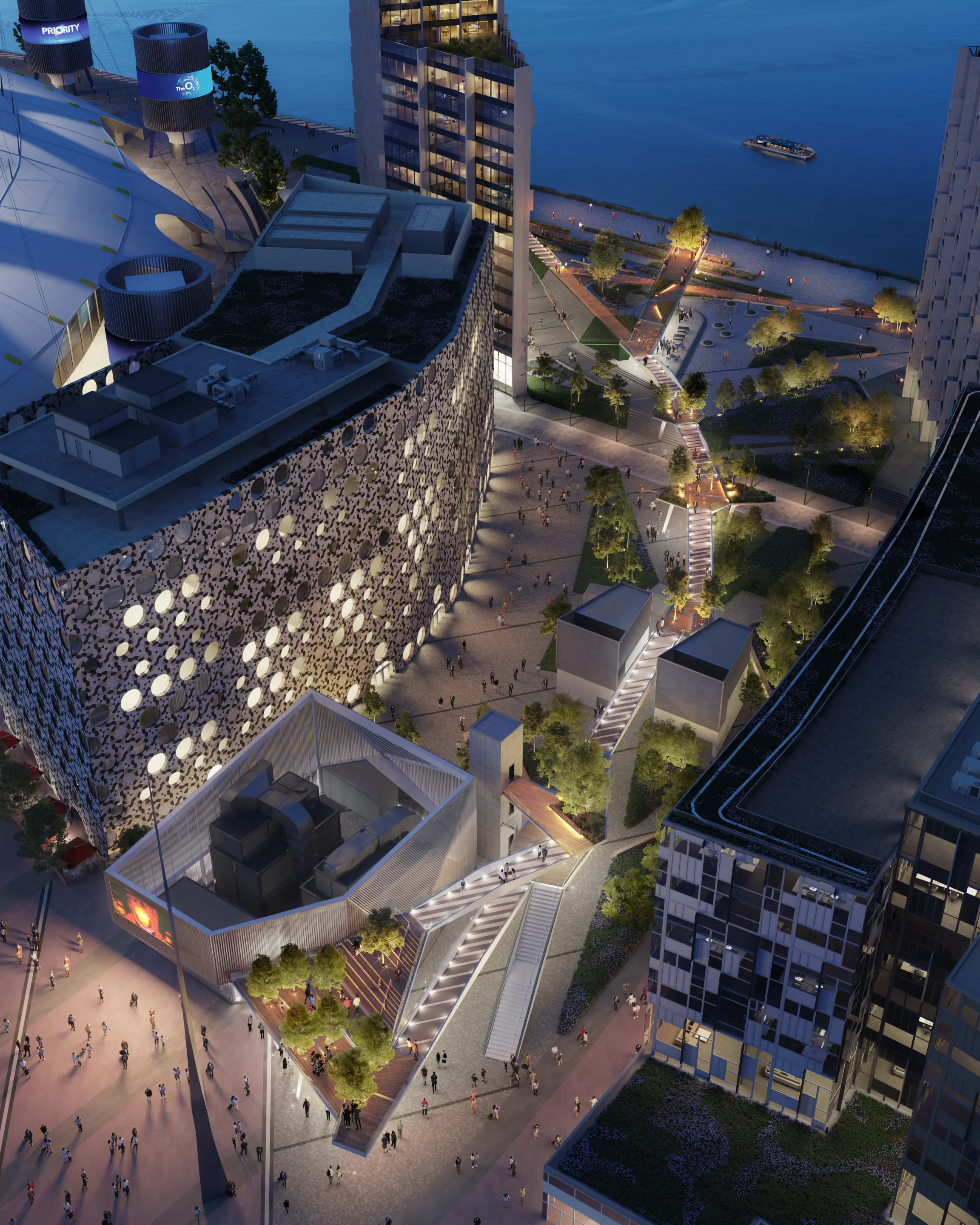 The Tide, designed by Diller Scofidio + Renfro in collaboration with Neiheiser Argyros, features elevated walkways 9 meters (29.5 ft) high, that wind through native trees and giant sculptures by artists Damien Hirst and Allen Jones