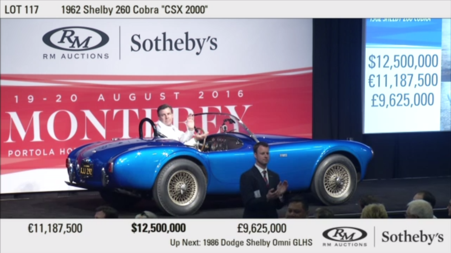 The first Shelby Cobra (CSX2000) was always going to set a new auction benchmark for an American automobile as it never left the care of Carroll Shelby and spawned many a legend and was offered by the Carroll Hall Shelby Trust (cars going to charity have an additional edge on the auction block). It didn't disappoint, selling for $13,750,000 at RM-Sotheby's 2016 Monterey auction.