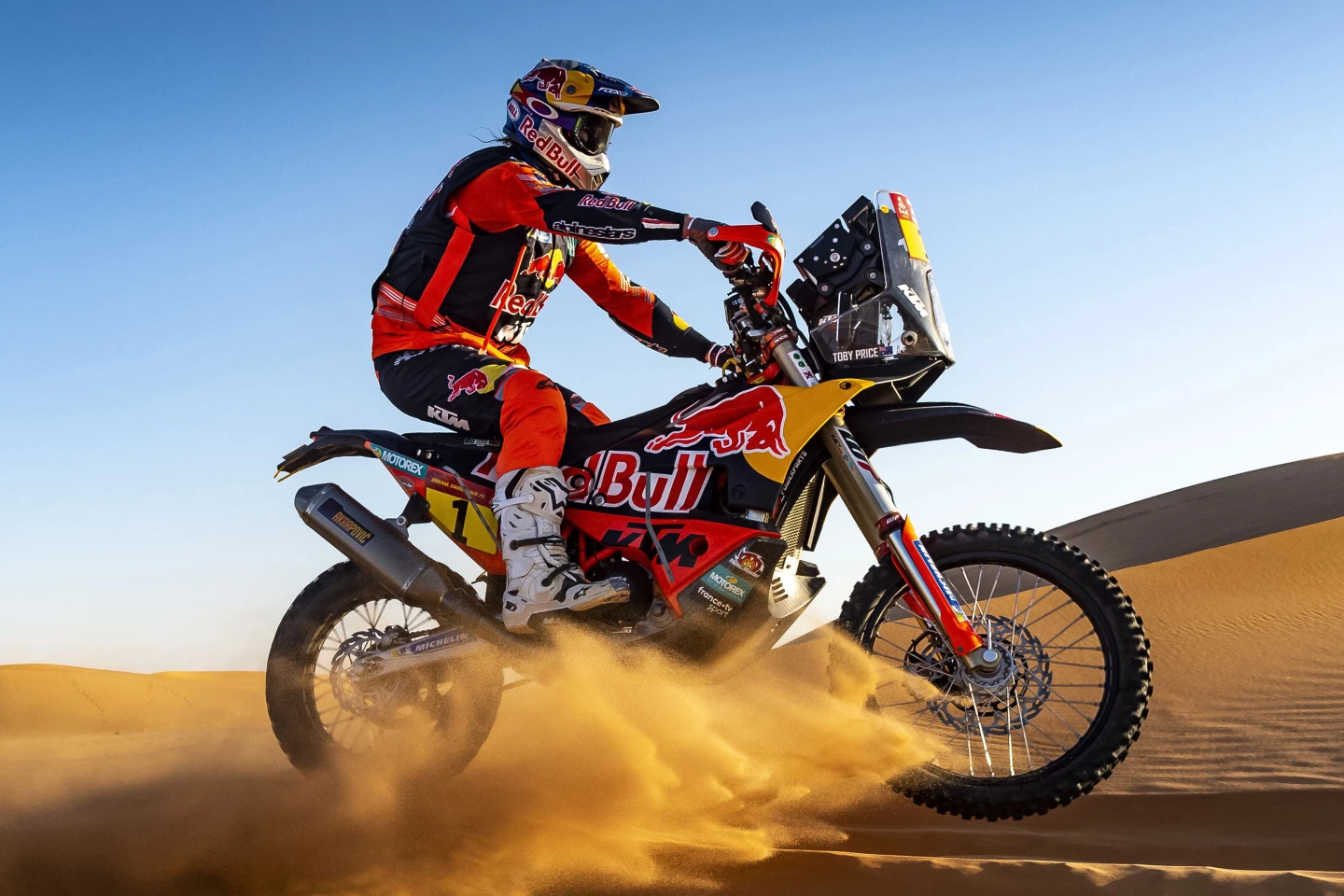 KTM dominates the world's toughest race, Dakar Rally. The race covers 8,000km over 13 days and KTM hasn't been beaten in the event for two decades. That's factory rider Toby Price on the factory KTM.